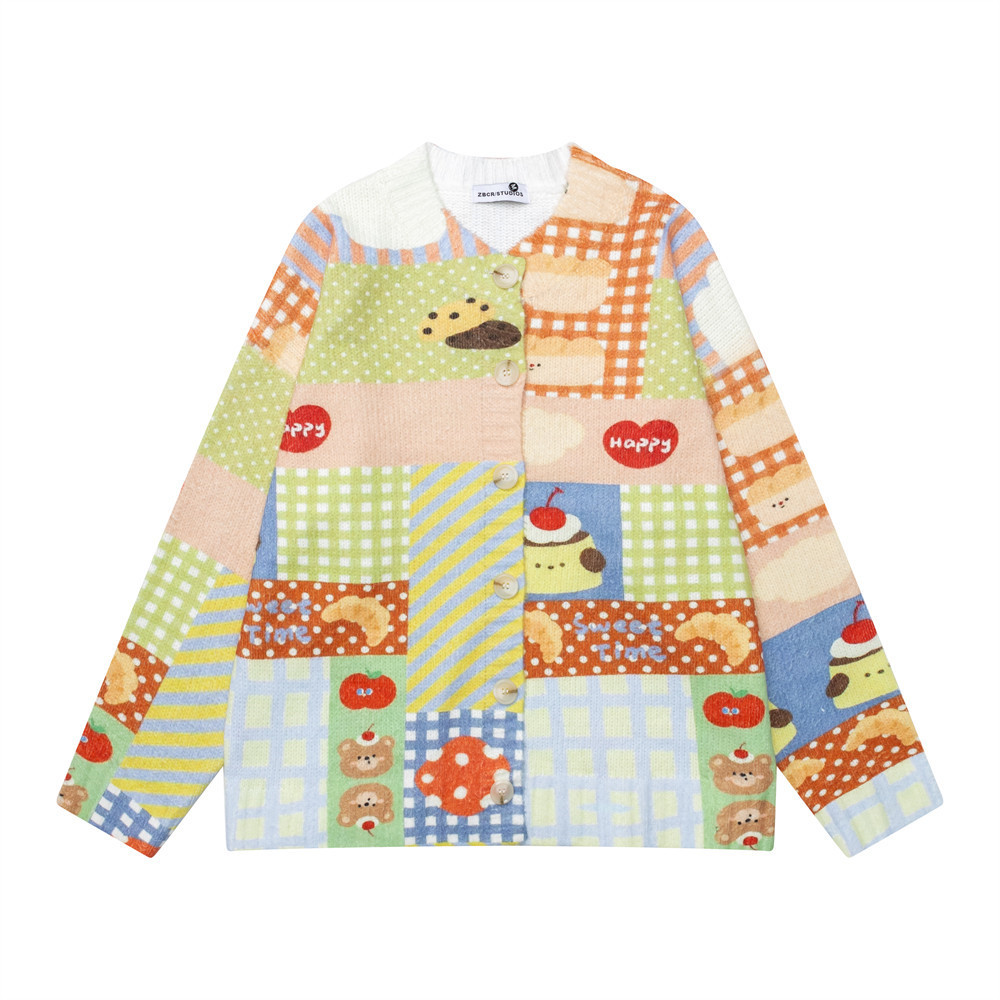 Full digital printed cardigan round neck sweater