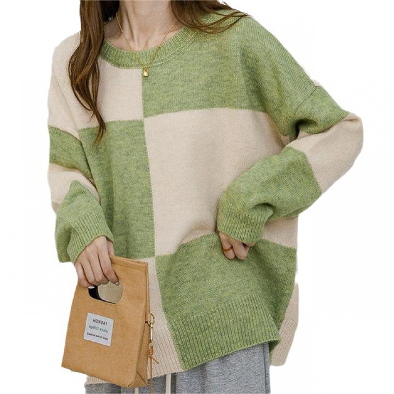 Color-Block Long Sleeve Crew Neck Women's Sweater