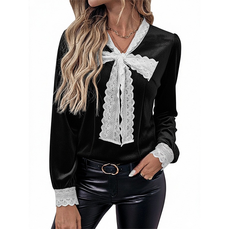 Patchwork Long Sleeve Bow Lace Collar Velvet Blouse