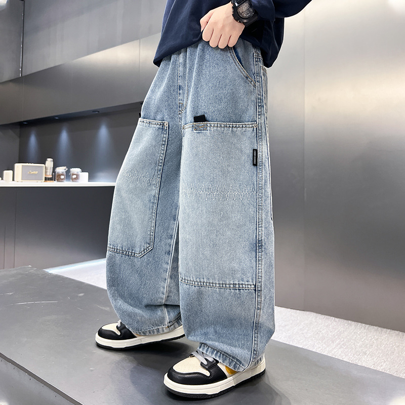 Casual Wide Leg Denim Cargo Pants for Boys