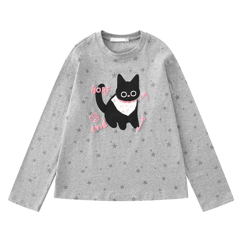 Cute kitten loose long sleeved shirt with floral patterns