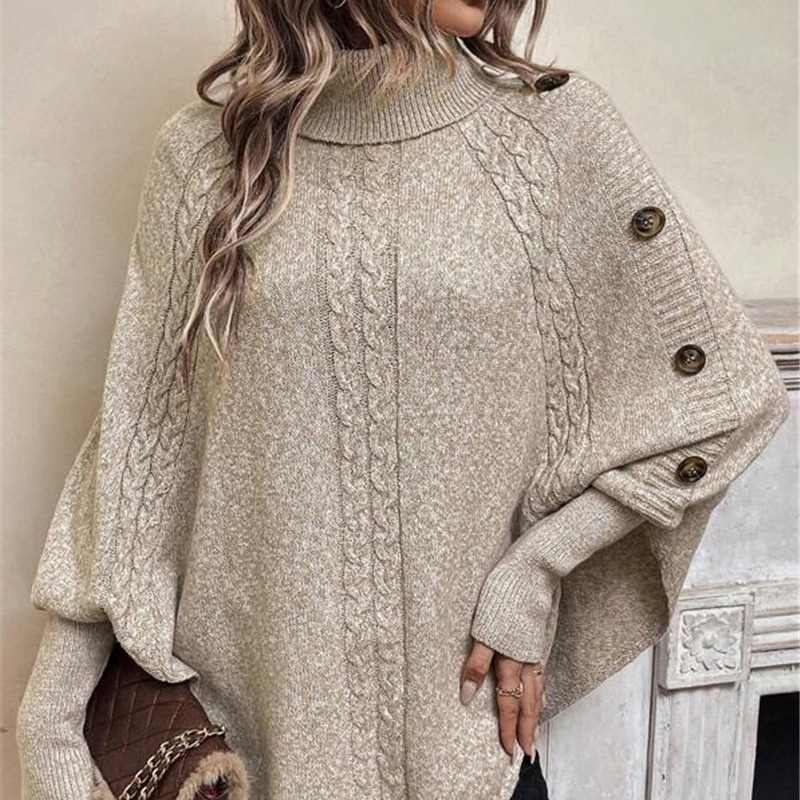 High neck button decoration bat shirt with twisted flower sweater for women