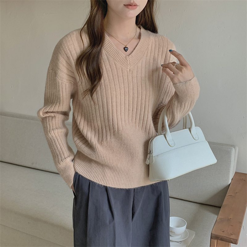 Loose pit striped sweater women's retro V-neck knit sweater