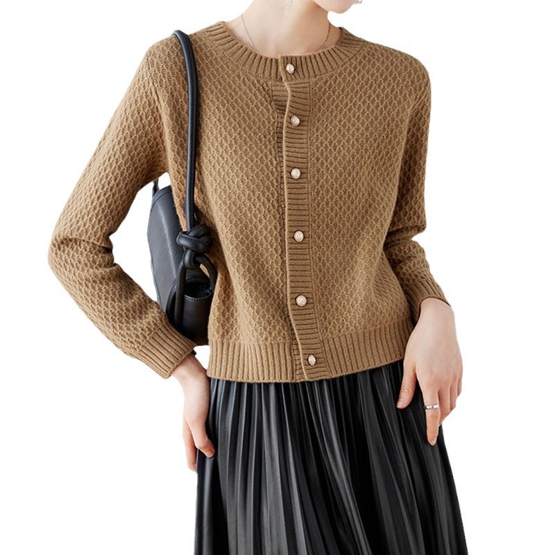 Knitted Long Sleeve Open Front Round Neck Loose Fit Women's Cardigan