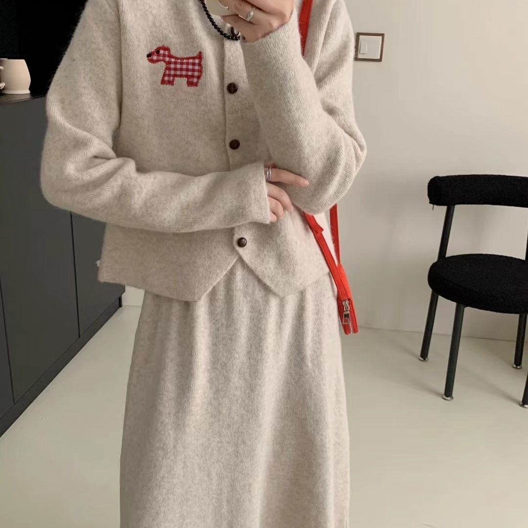 Knitted Cardigan Sweater Set with Dog Embroidery, Loose Boho Top and Skirt Outfit for Women, Early
