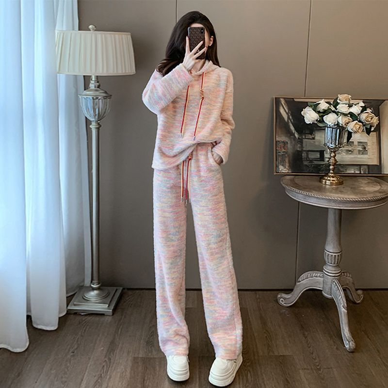 Casual Loose Hoodie and High-Waisted Wide-Leg Pants Two-Piece Set for Women, Rainbow Color, Lazy