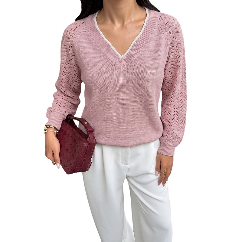 Women's Casual Color Block Long Sleeve V-Neck Sweater