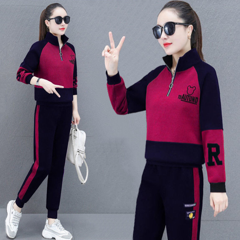 Embroidered Sportswear Set for Women, Spring and Autumn, Plus Size, Loose and Stylish, Half-Zip