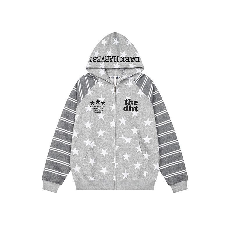 Retro Full Print Star Color-Blocking Stripe Hooded Sweatshirt Women Loose Casual Zipper Jacket