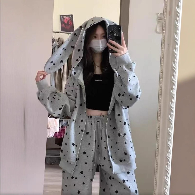 Star Print Rabbit Ears Fashion Set for Women, Hooded Sweatshirt Cardigan, Lazy Loose Two-Piece Set