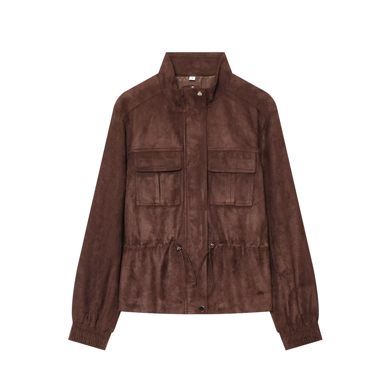 Loose suede texture waist cinched drawstring stand up collar jacket