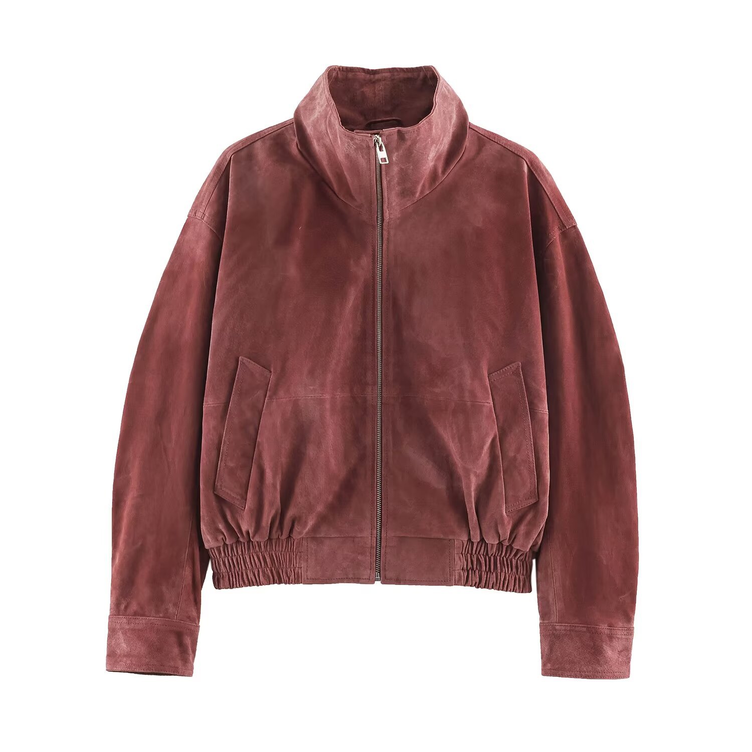 Imitation leather stand up collar pilot jacket