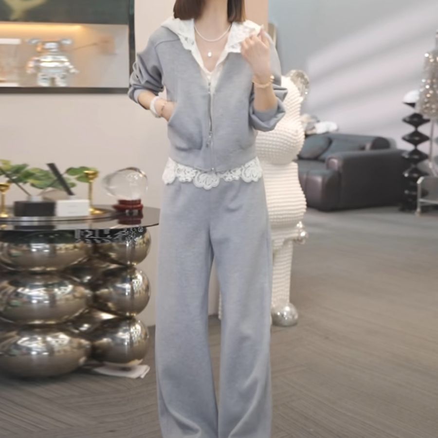 Fall New Design Women's Loose High-End Patchwork Lace Hooded Sweatshirt Jacket and Casual Pants