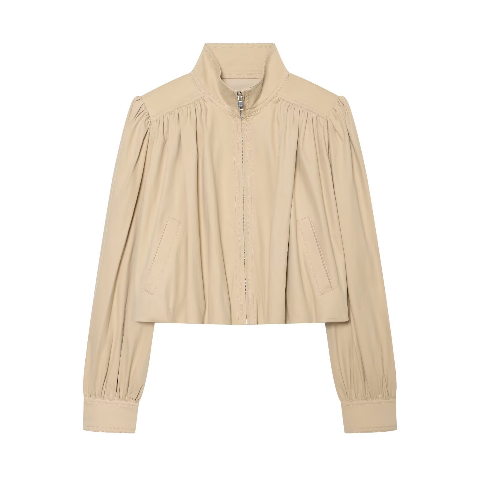 Pleated bubble sleeve zipper jacket for women's clothing