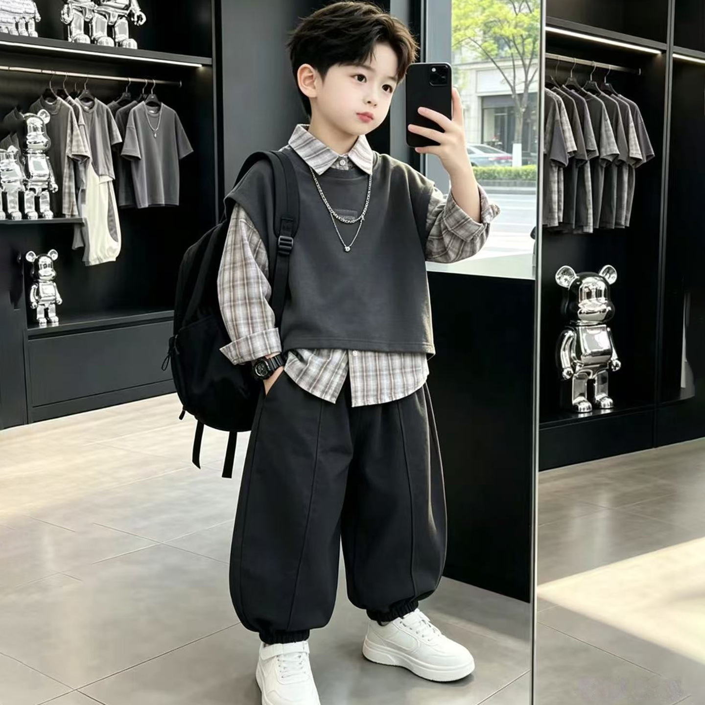 Boys Autumn Plaid Shirt Vest Three Piece Set