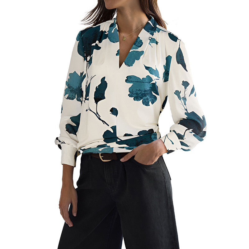Floral Print Long Sleeve V-Neck Shirt