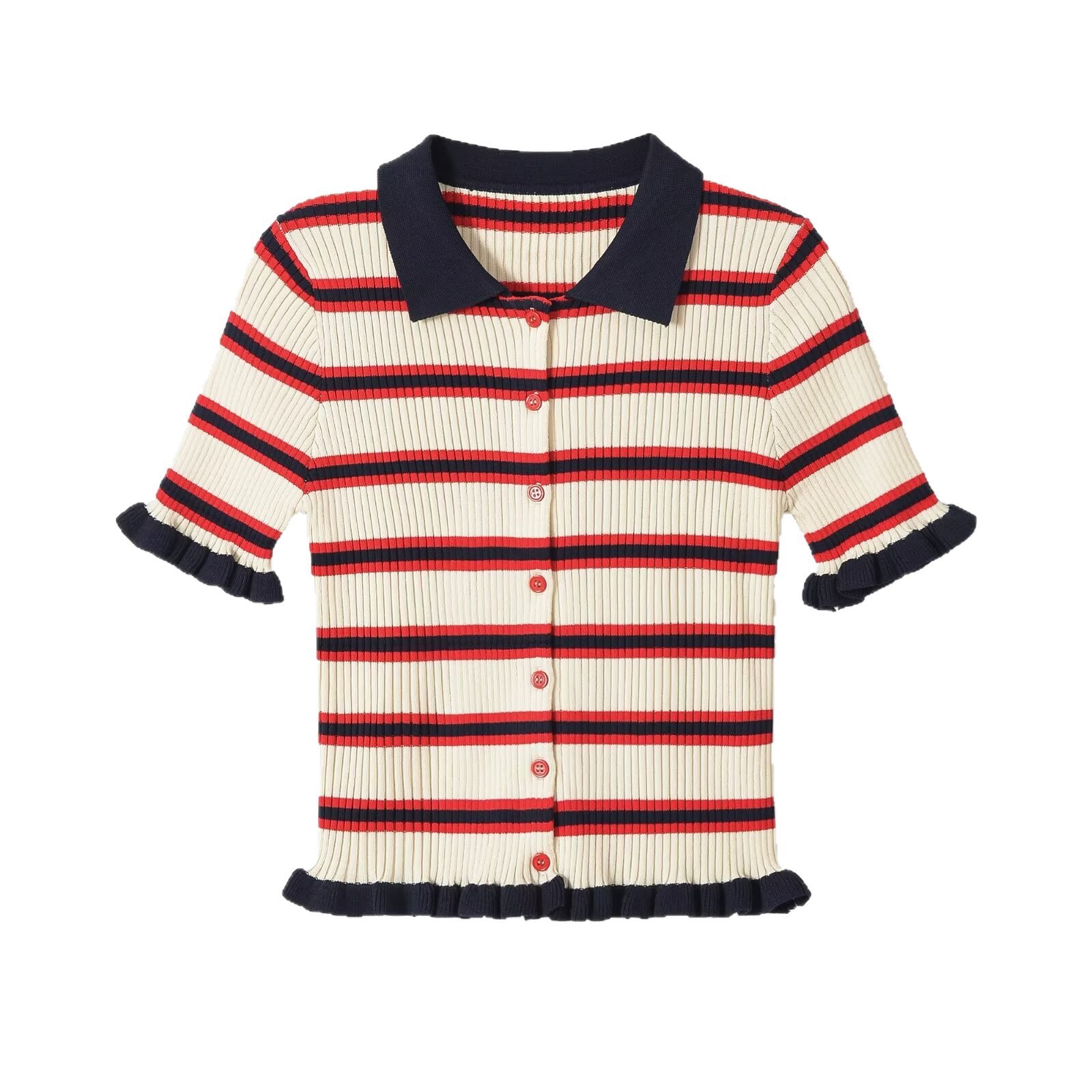 Simple single breasted polo collar striped knit sweater for women