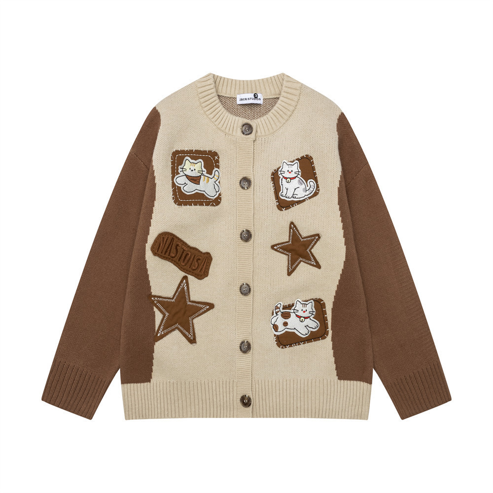 Shape sticker embroidery contrasting color round neck cardigan sweater
