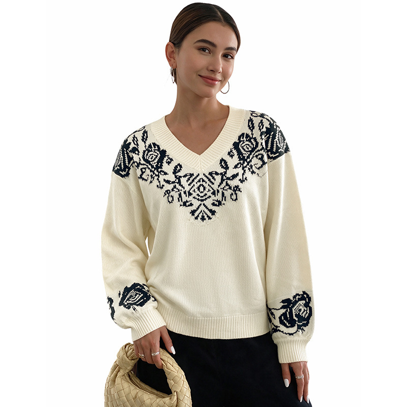 Color blocking V-neck loose long sleeved sweater