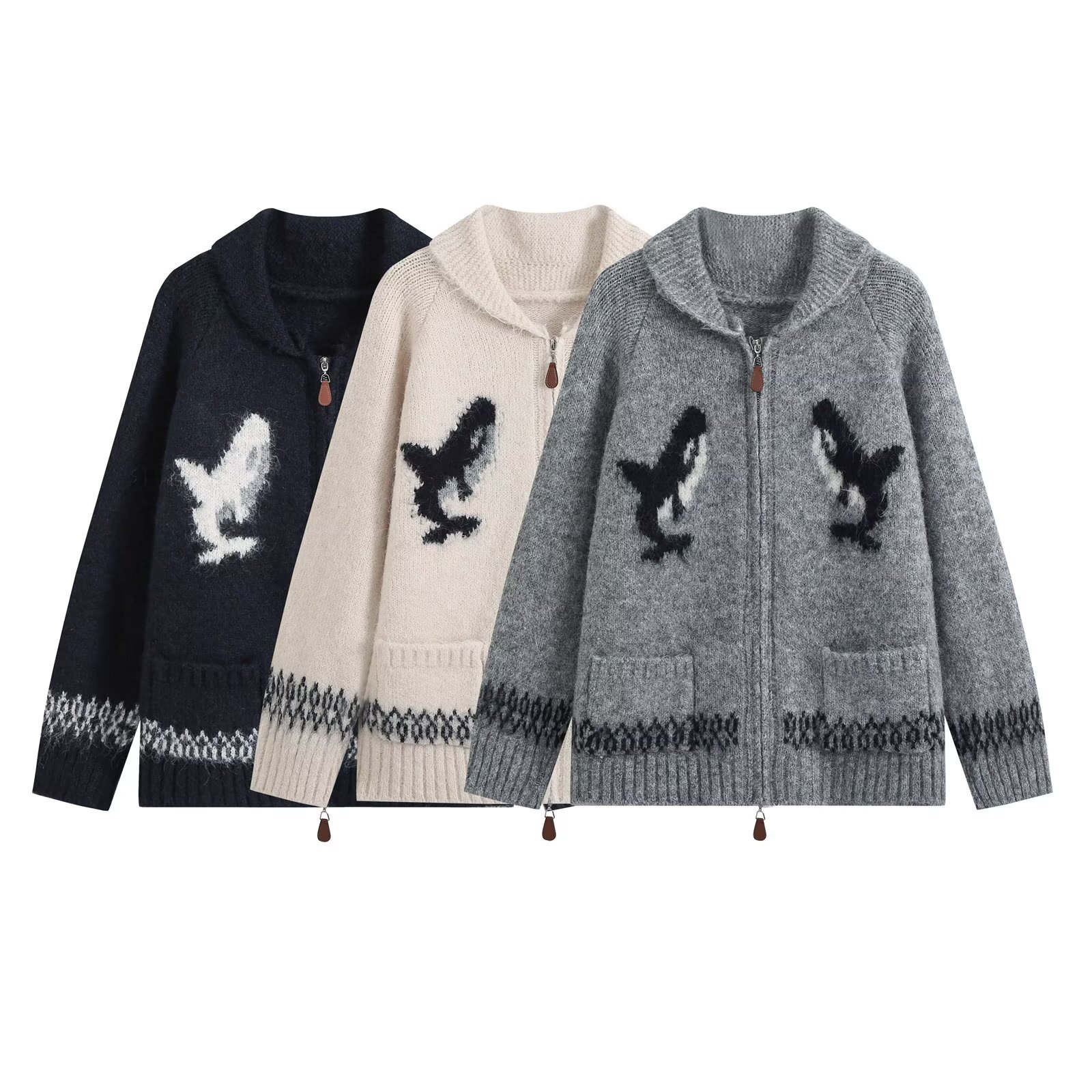 Double zipper shark jacquard embroidered knitted sweater jacket for women