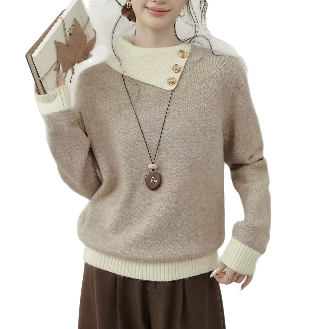 Women's Relaxed Fit Color Block Lapel Collar Pullover Sweater
