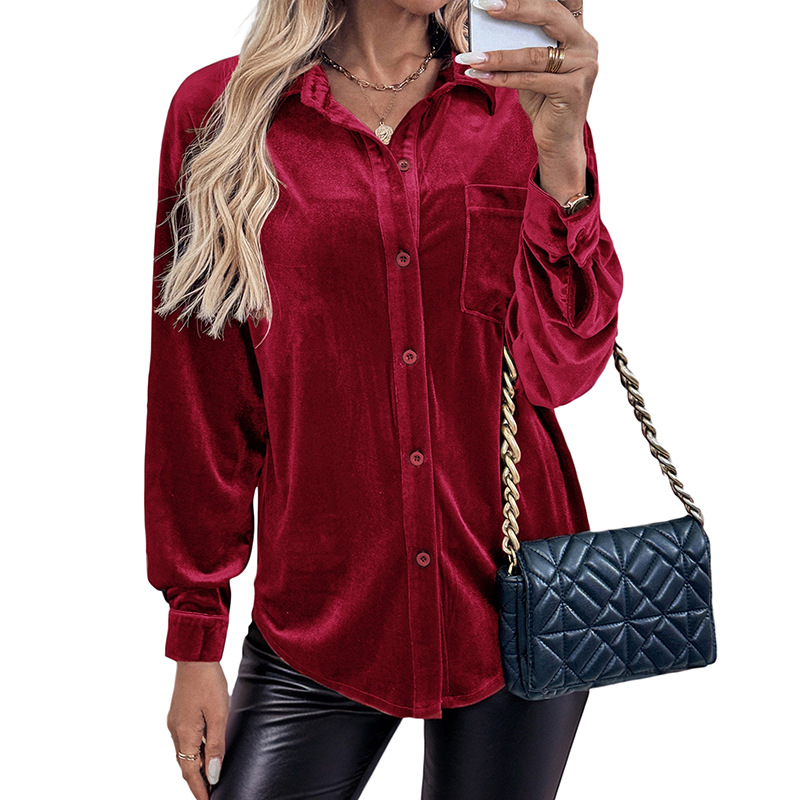 Minimalist Lantern Sleeve Lapel Velvet Mid-Length Shirt