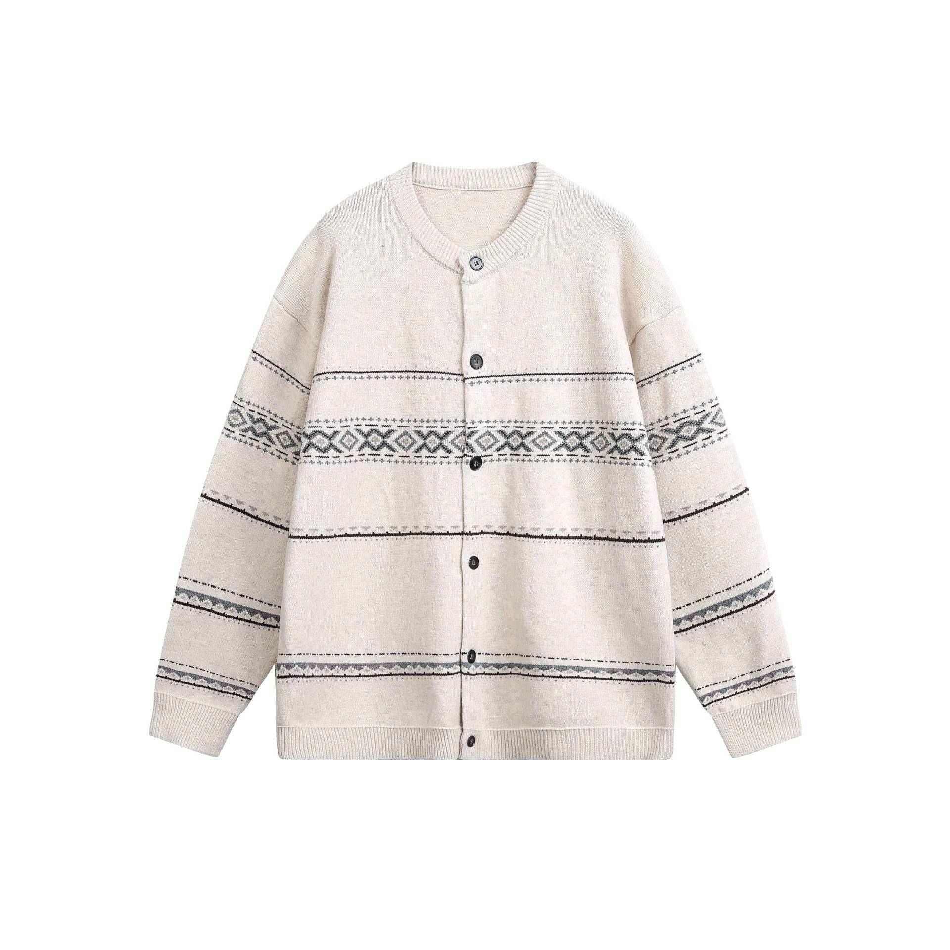 Loose Knit Cardigan Sweater with Fair Isle Pattern