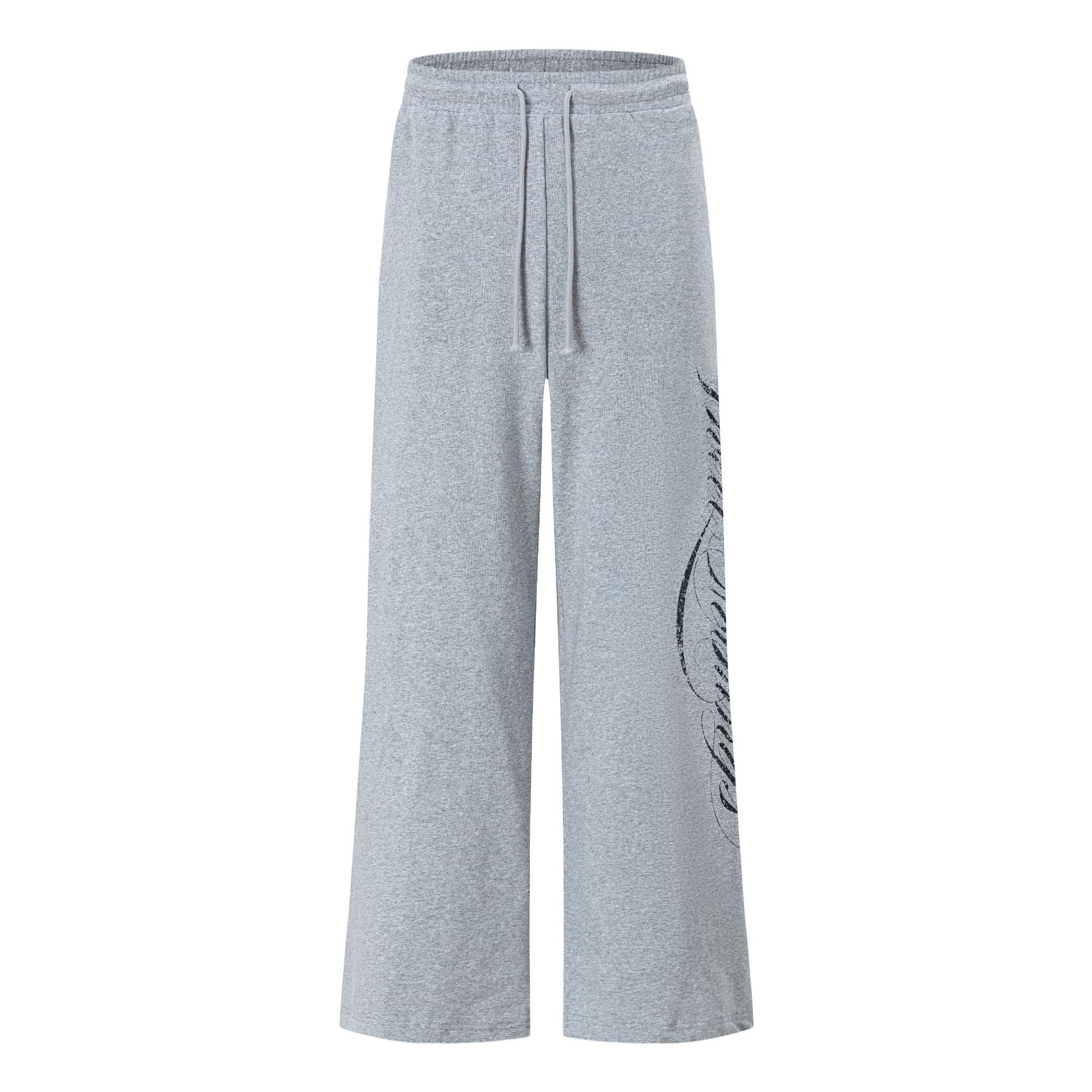 Street Side Cursive Letter Print Distressed Wash Elastic Waist Wide Leg Sweatpants