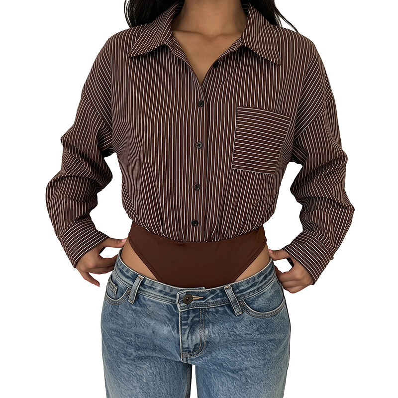 Long Sleeve Splicing Shirt Style Business Casual Women's Jumpsuit