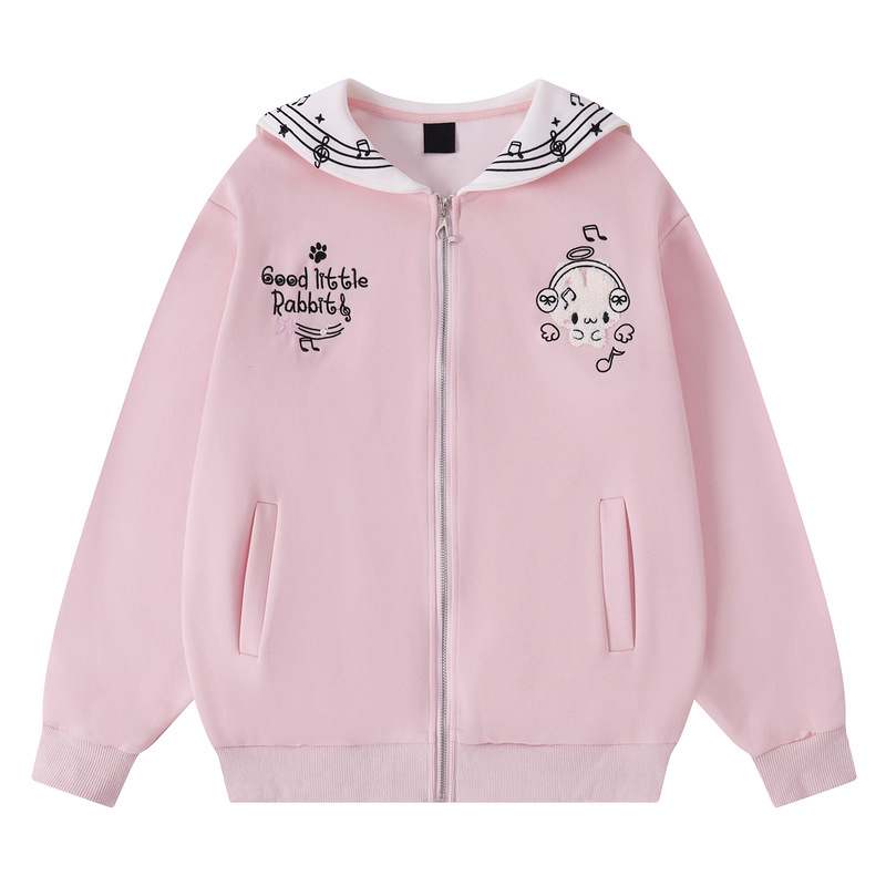 Pink hooded zipper cardigan sweatshirt