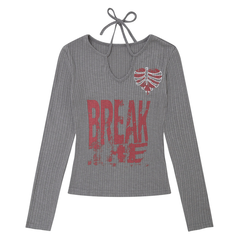 Long sleeved top with neck tie and V-neck strap