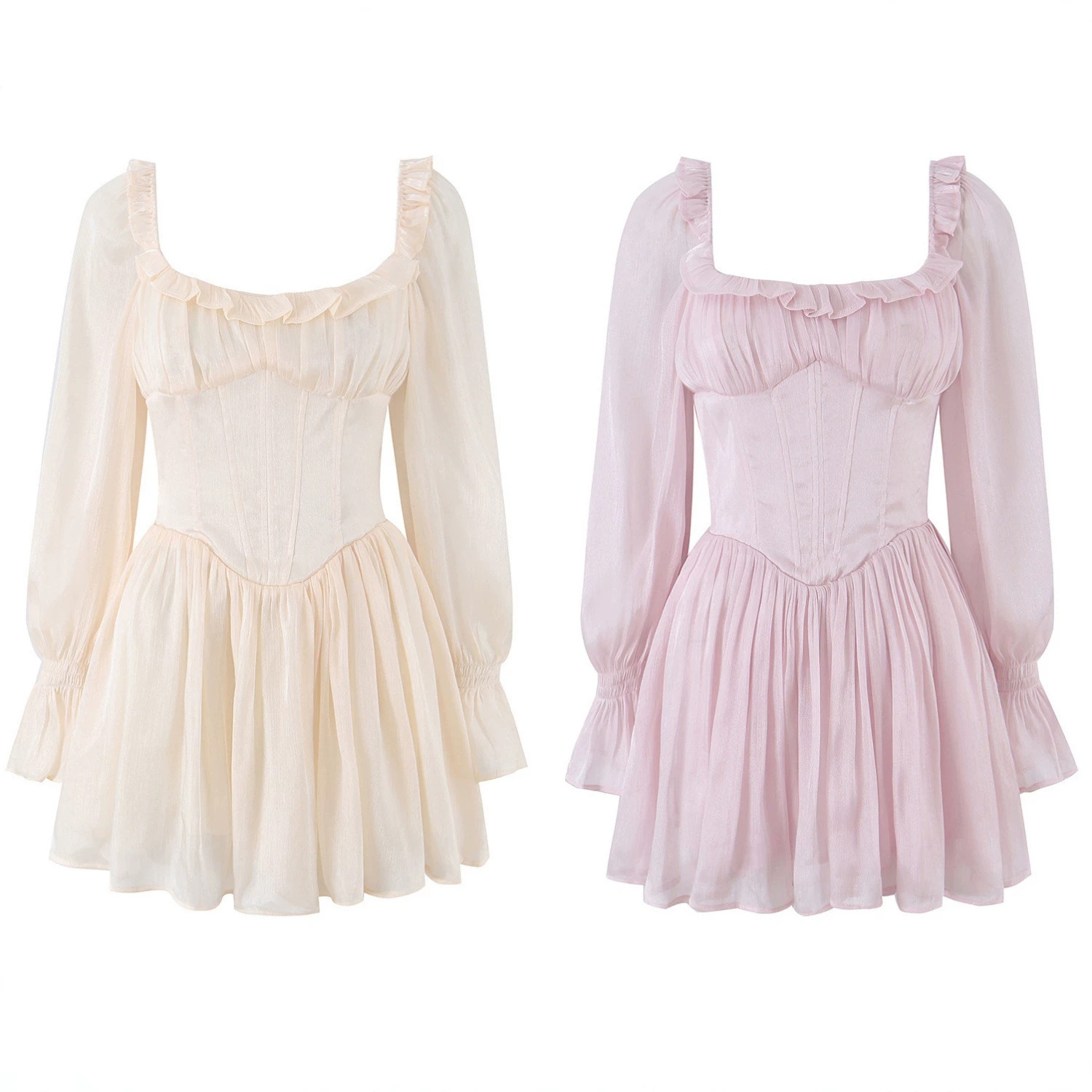 Tailored fishbone waist cinched bubble sleeve dress for women's wear