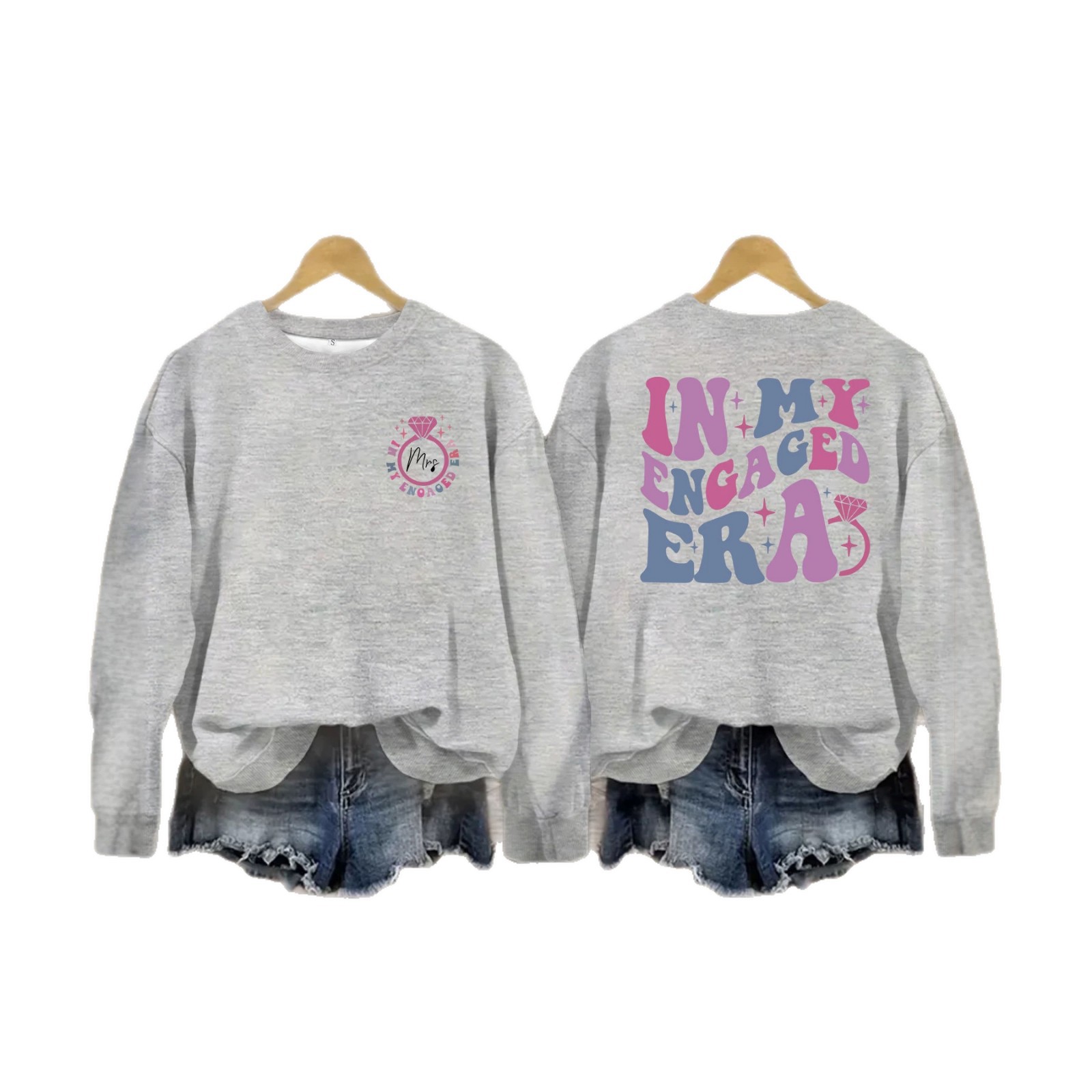 Letter and ring pattern printed round neck fleece hoodie