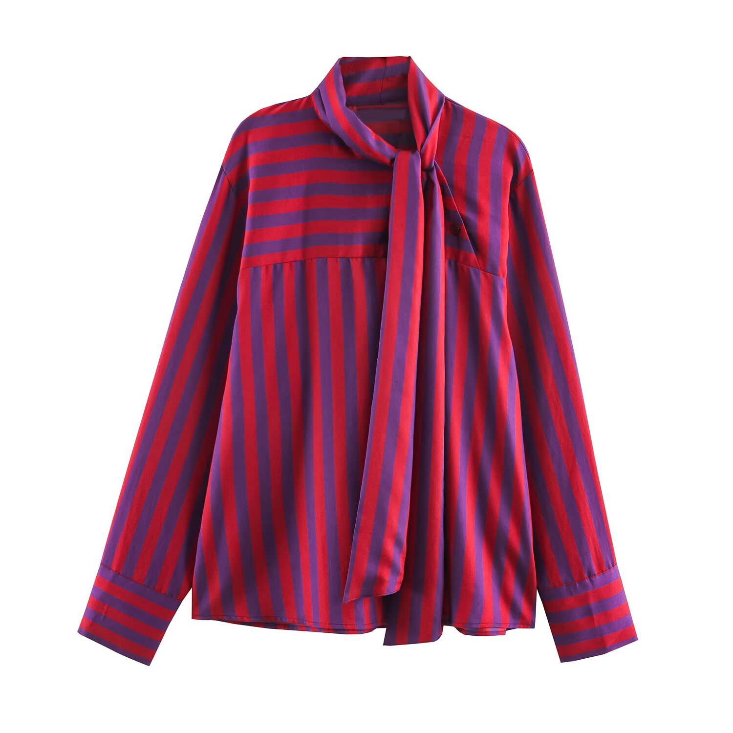 Butterfly bow ribbon collar long sleeved striped shirt for women