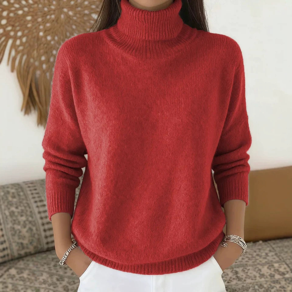 High neck knitted sweater loose pullover top for women