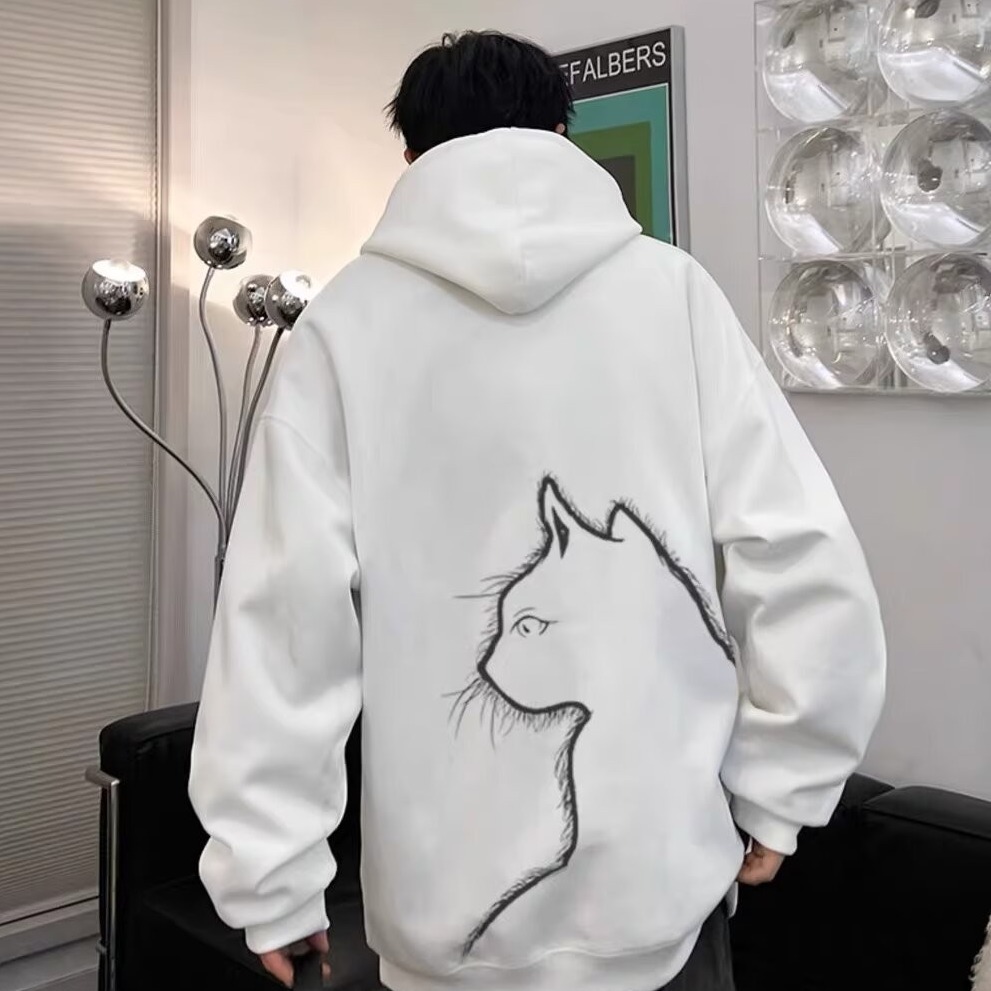 Unisex Casual Cartoon Cat Print Long Sleeve Fleece Lined Hooded Sweatshirt