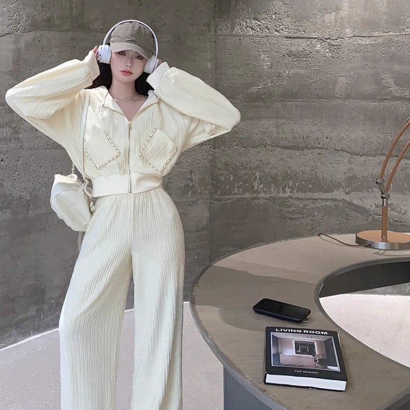 Slimming Youthful Fashion Casual Outfit for Women, Hooded Fitted Top Wide-Leg Pants Loose Sportswear