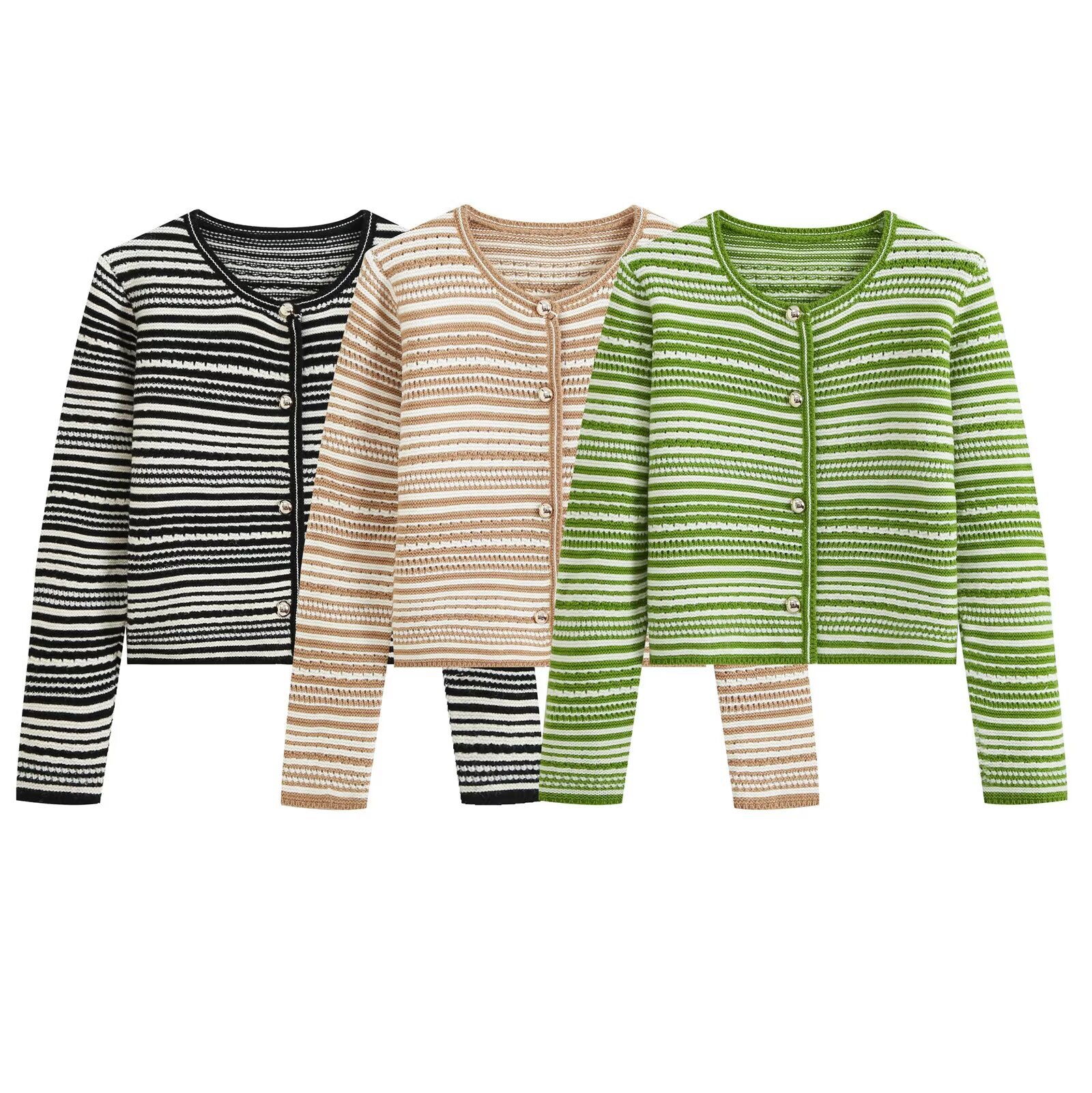 Single breasted contrasting round neck striped knitted sweater for women