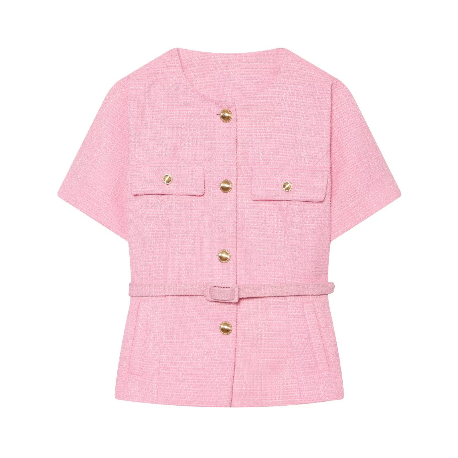 Casual buckle waistband round neck short sleeved woolen jacket for women