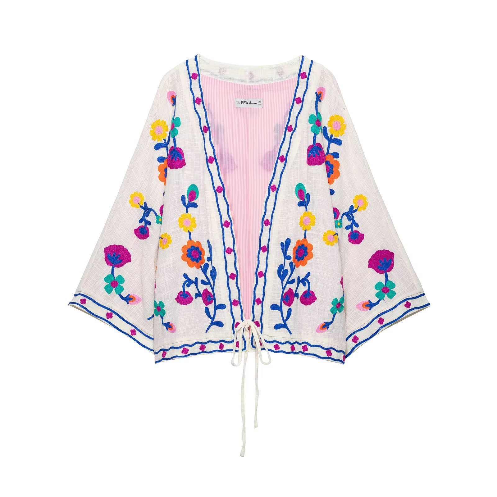 Flower embroidery lace up V-neck coat for women