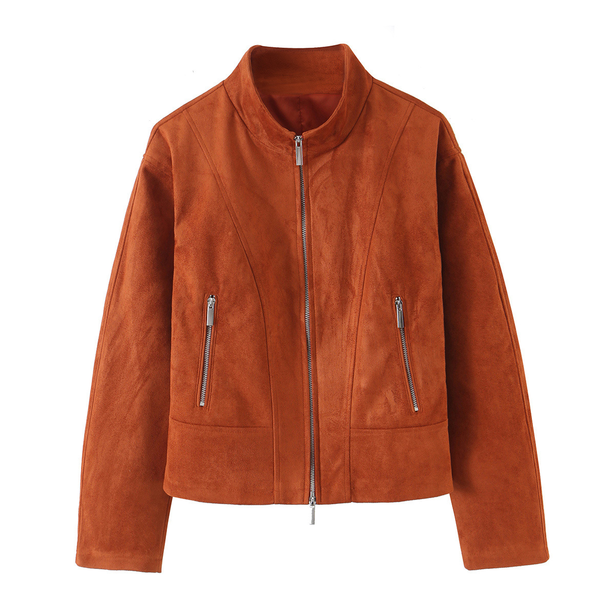 Zipper stand up collar suede textured jacket