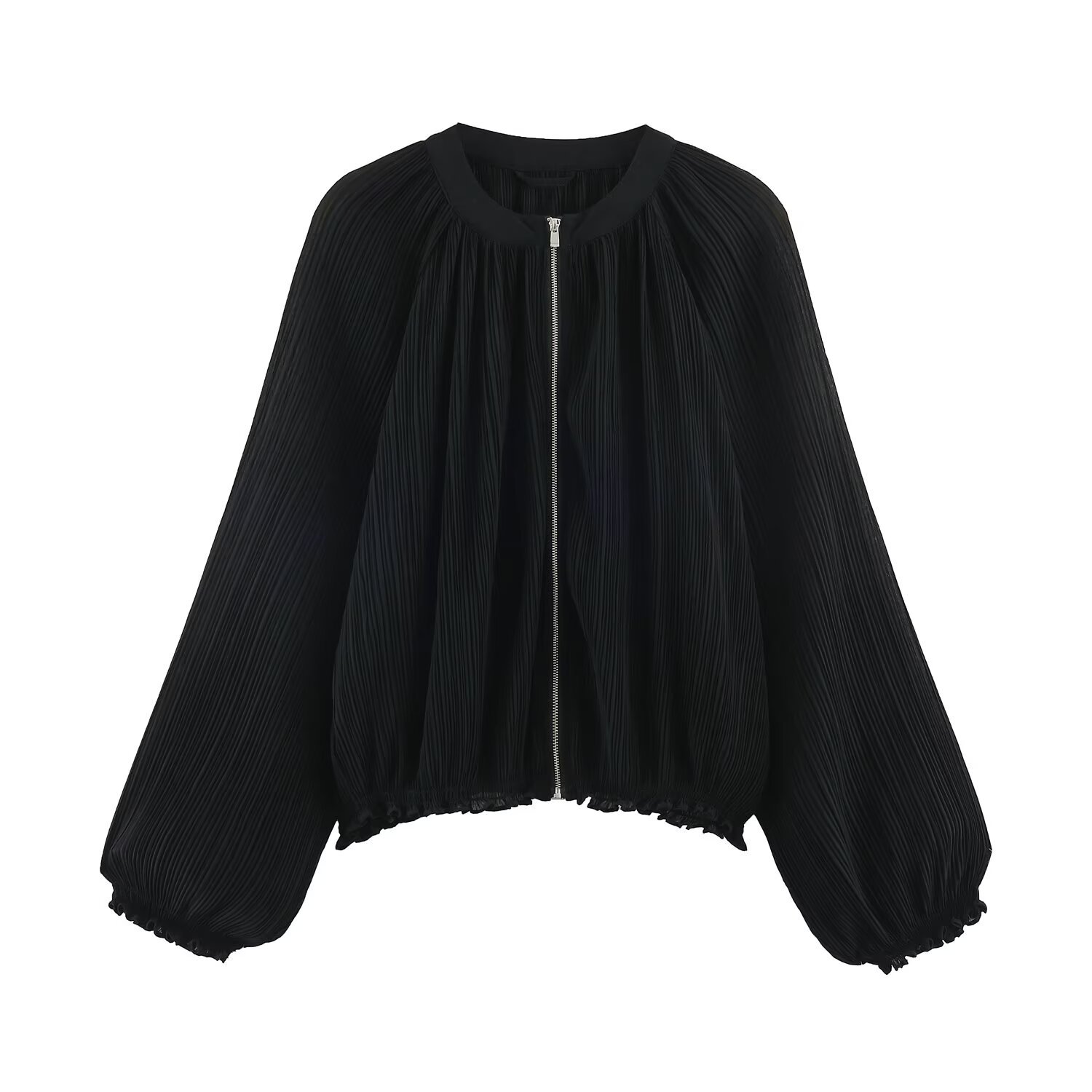 Pleated layered decorative zipper round neck lantern sleeve jacket for women