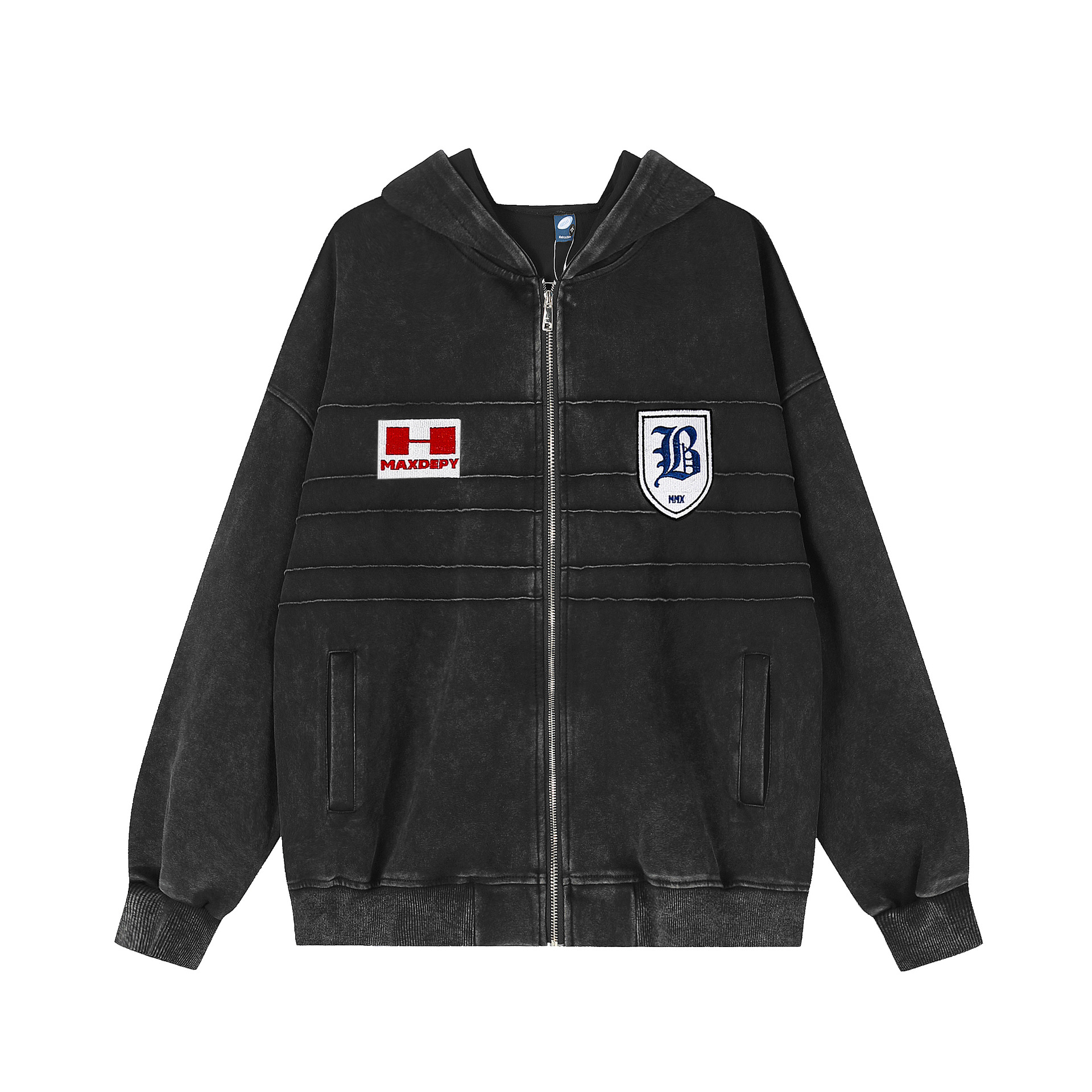 Emblem embroidery hooded cardigan sweatshirt zipper jacket