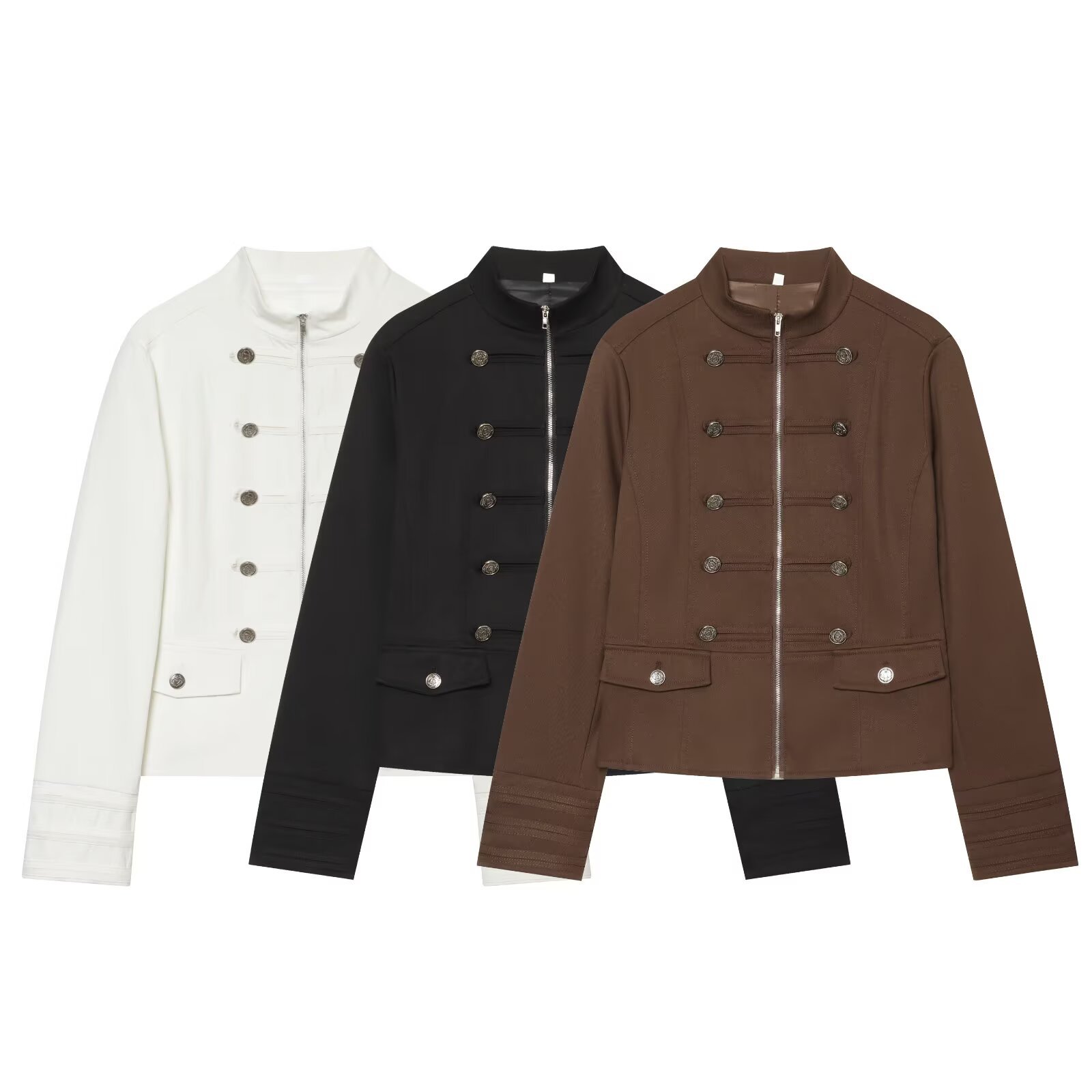 Color blocked zipper stand up collar suit jacket for women