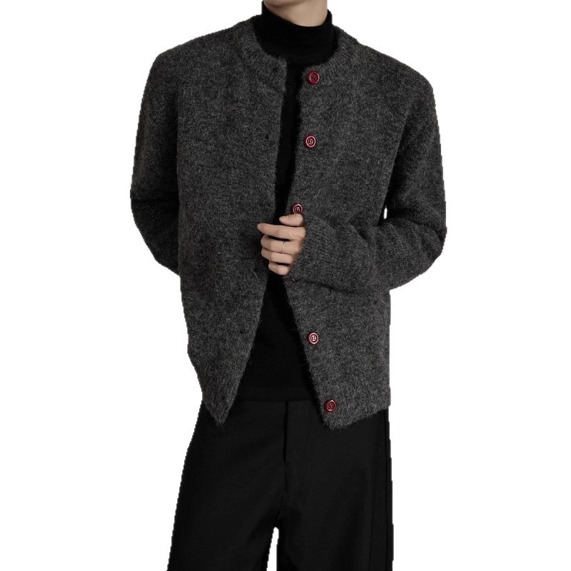 Men's Clean Fit Dark Gray Chanel-Style Short Open Front Knit Cardigan