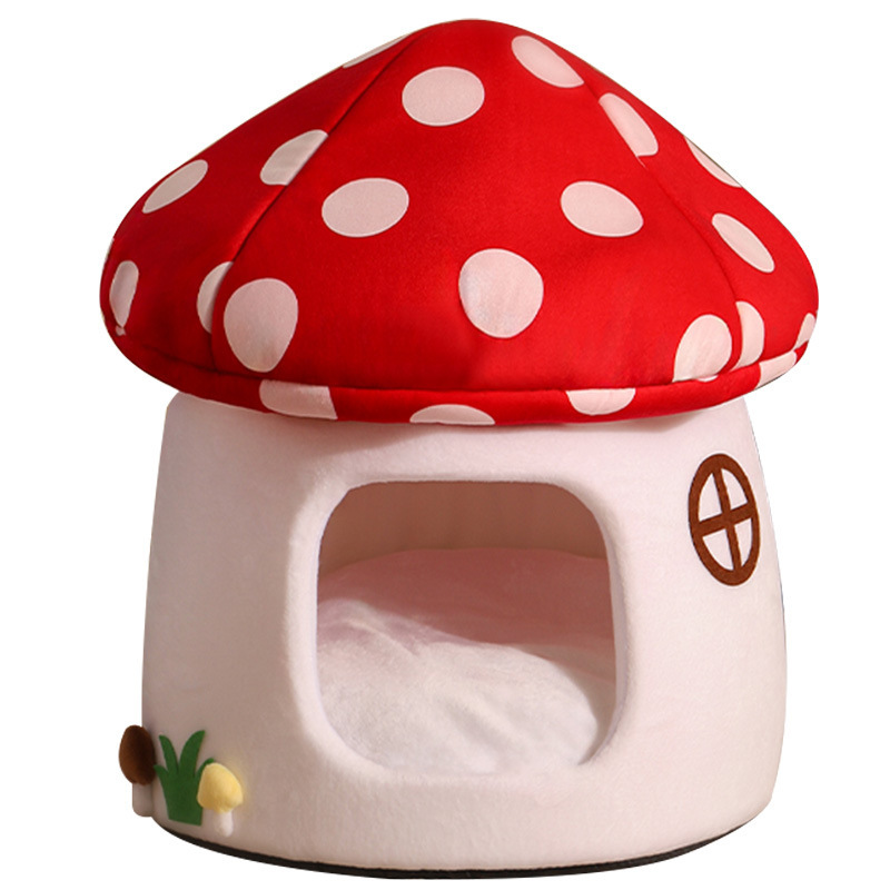 Red Umbrella Mushroom Cat House Dog Bed Winter Warm Closed-Style Cat House Pet Nest All-Season