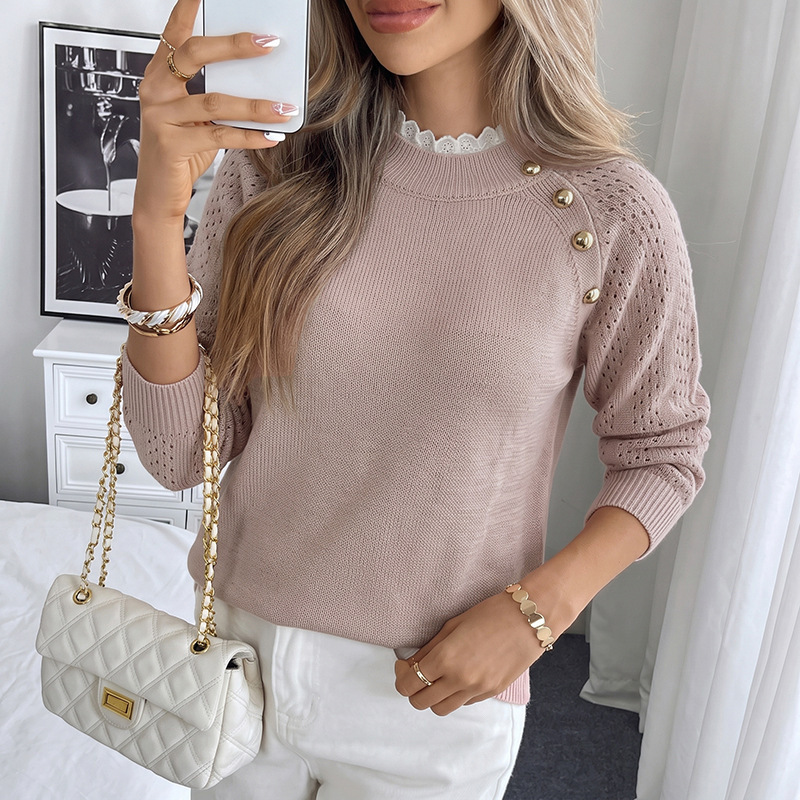 Round neck loose button solid color long sleeved sweater