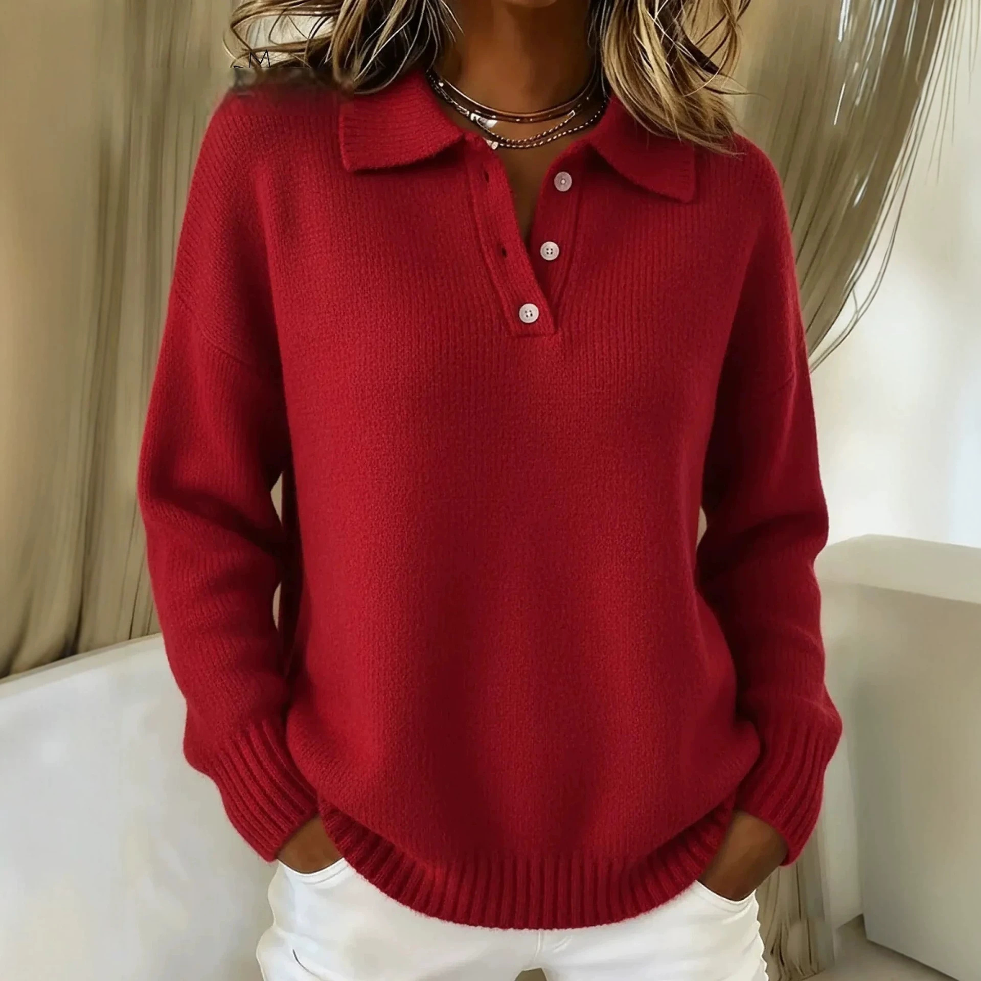 Loose women's lapel polo shirt button sweater for women