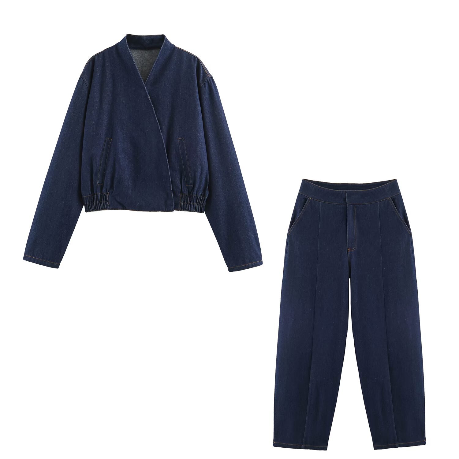 Double breasted denim jacket and pants set for women