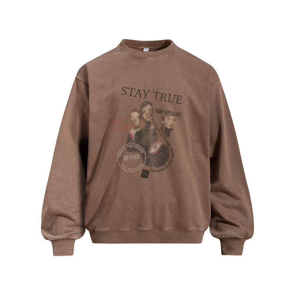Blurred character print vintage round neck hoodie